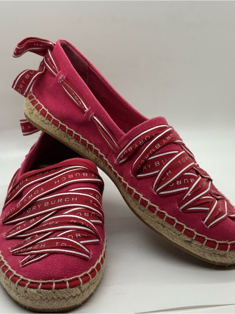 Tory Burch Pink Canvas Logo Ribbon Espadrilles Size 6 1/2